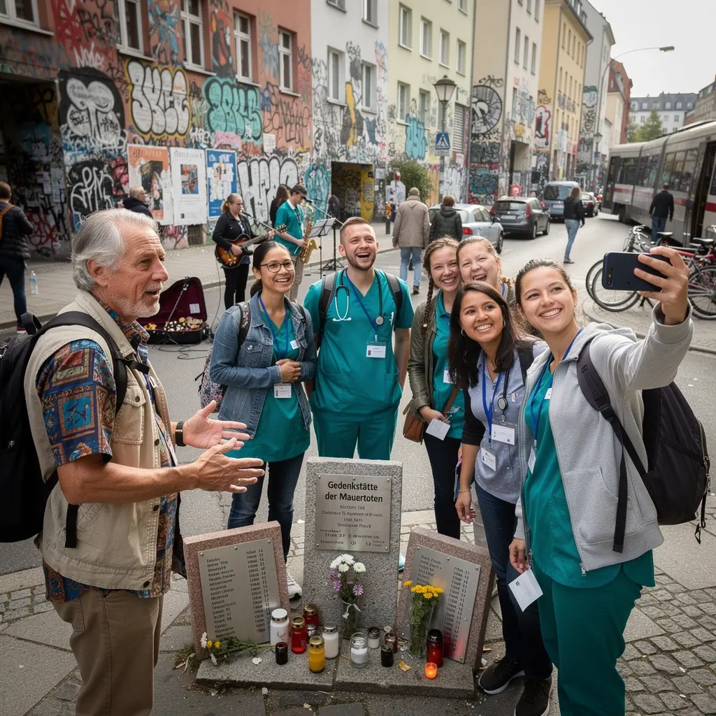 Ein Gruppenfoto von Tourteilnehmern vor dem Reichstagsgebäude während einer Geschichtstour.