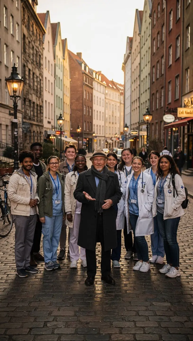 Ein Museumsführer erklärt den Besuchern die Bedeutung eines Weltkriegsdenkmals in Berlin.